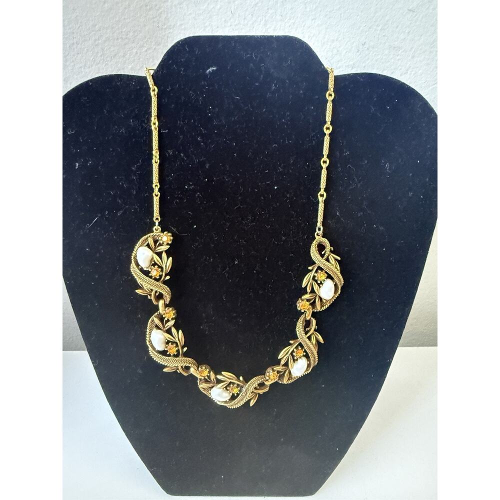 Vintage Gold Tone Floral Necklace Amber Rhinestones White Cabochon